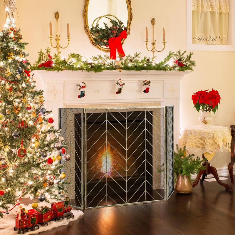 Gymax 3-Panel Fireplace Screen Foldable Wrought Metal Iron Mesh Fire