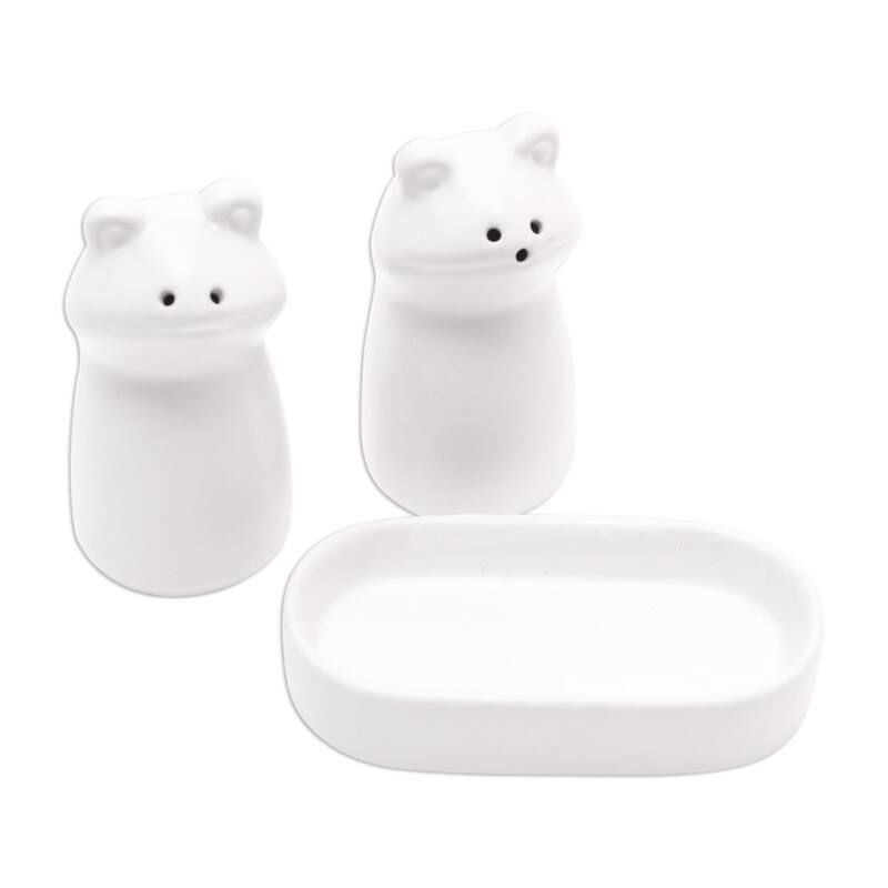 Novica Handmade Fanciful Frogs In White Ceramic Salt And Pepper Set