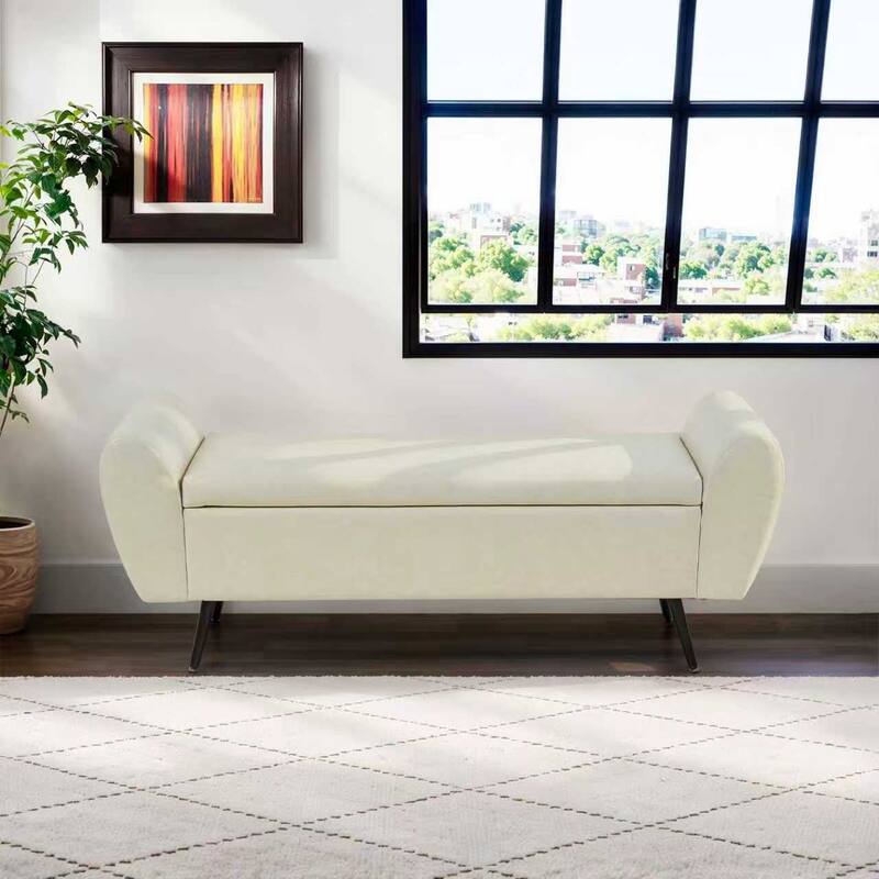 Upholstered 55"W Flip Top Storage Bench Bedroom Bench Modern End of Bed Bench for Entryway Hallway Window with Gold Legs - Vegan Leather - BEIGE