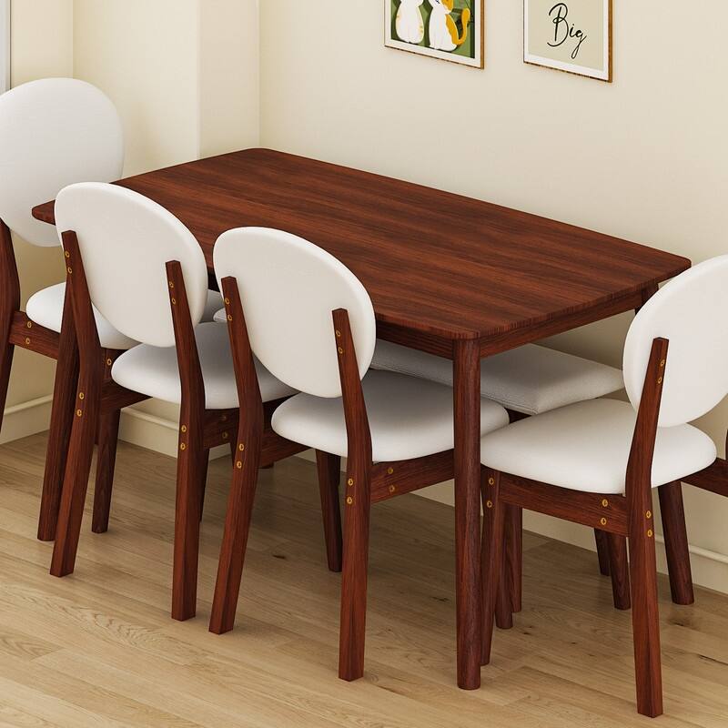47''Dining Table Set For 6, Solid Wood Kitchen Table With Bench And 4 Chairs With upholstered Backrest