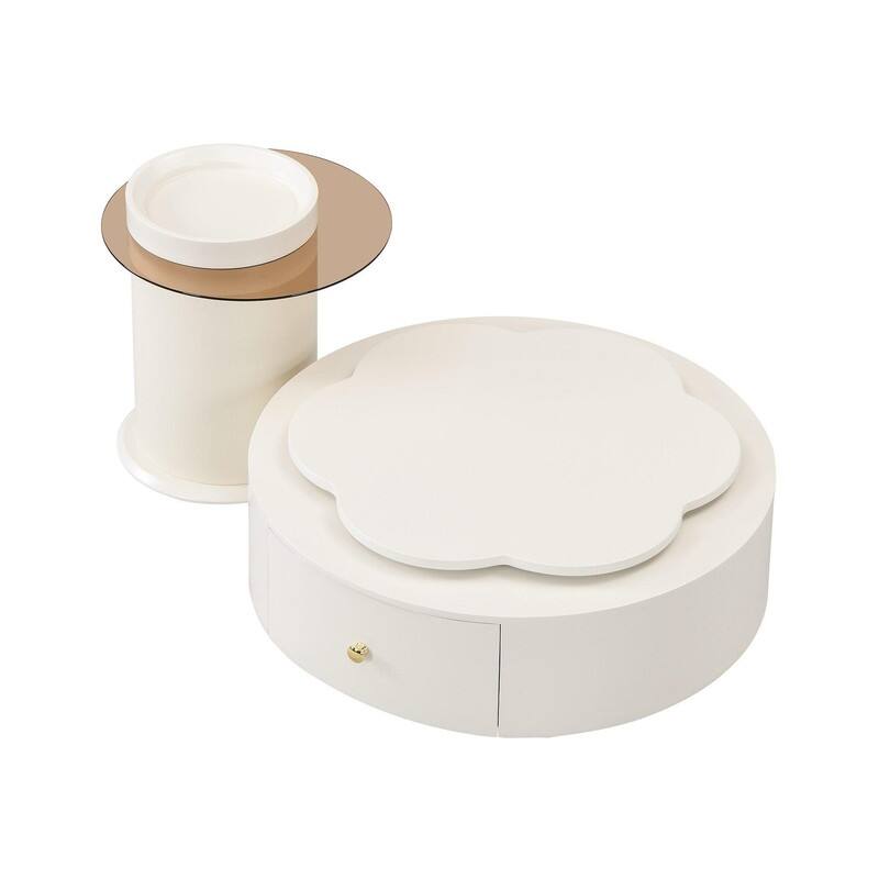 Modern Round Coffee Table Set of 2 with Rotatable Floral Top and Two Functional Drawers for Living Room