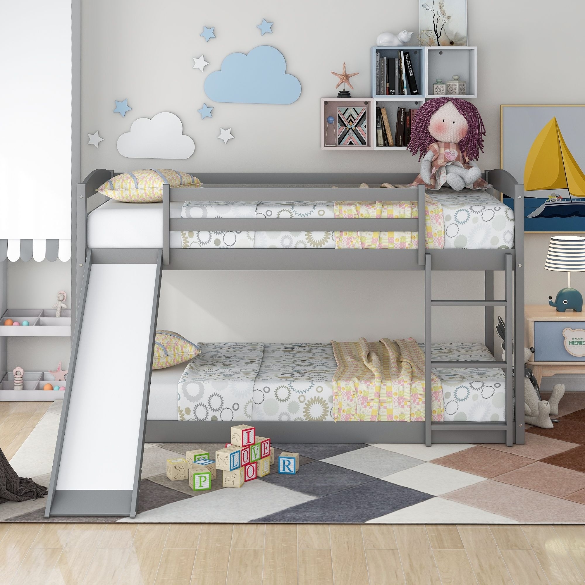 Twin Over Twin Bunk Bed with Slide and Ladder