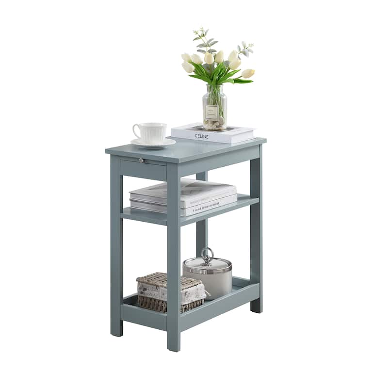 Slim Wood Side End Table with Storage Shelves & Pull-Out Tray, Nightstand for Bedroom, Living Room - 20"L x 11"W x 24"H