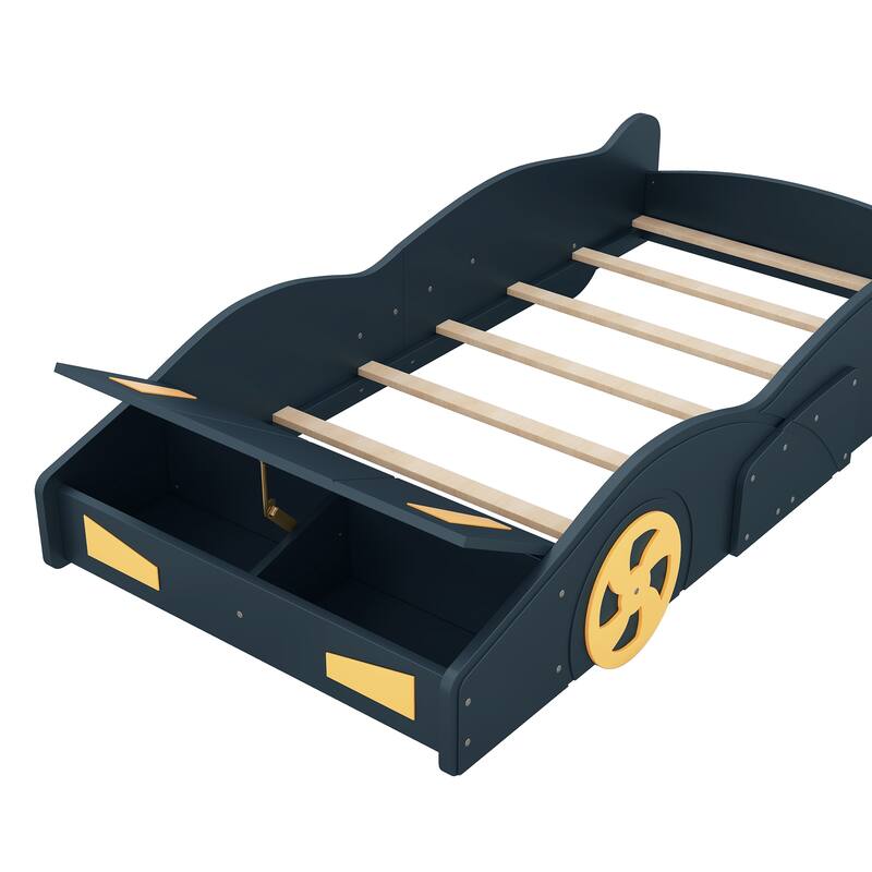 Pine Race Car Bed with Wheels & Storage