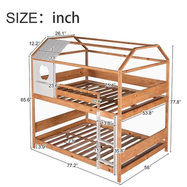 Pine Wood Full over Full Size House Bunk Bed with Full-Length Guardrail and Window and Little Shelf