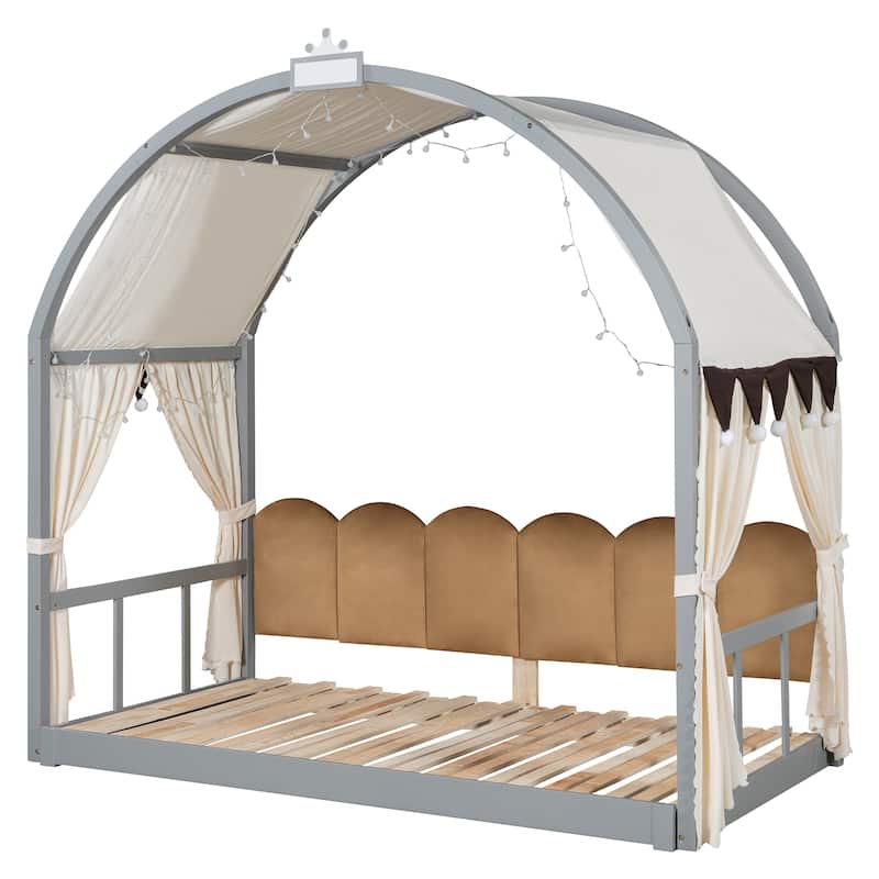 Wood Twin Size Bed Frame with Arched Roof, Floor Bed with Light and Curtain, Pull-out Kids Bed for Girls Boys Bedroom