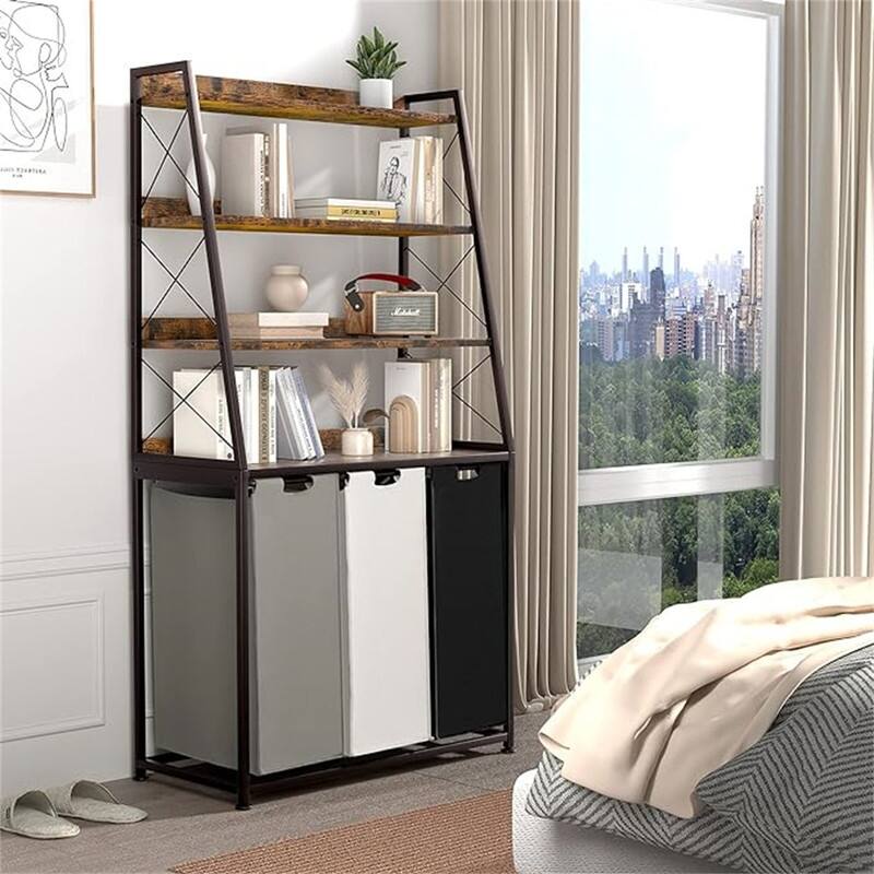 3 Section Laundry Hamper with 4 Tiers Shelf, Pull Out and Removable Laundry Bags - 33.07 x 15.74 x 62.2 inches