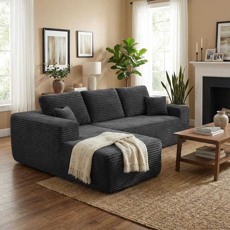 Homy Casa 105" Cloud Sectional Sofa with Chaise, Deep-Seat Modular Couch, No Assembly, Plush Corduroy - BLK - LeftP