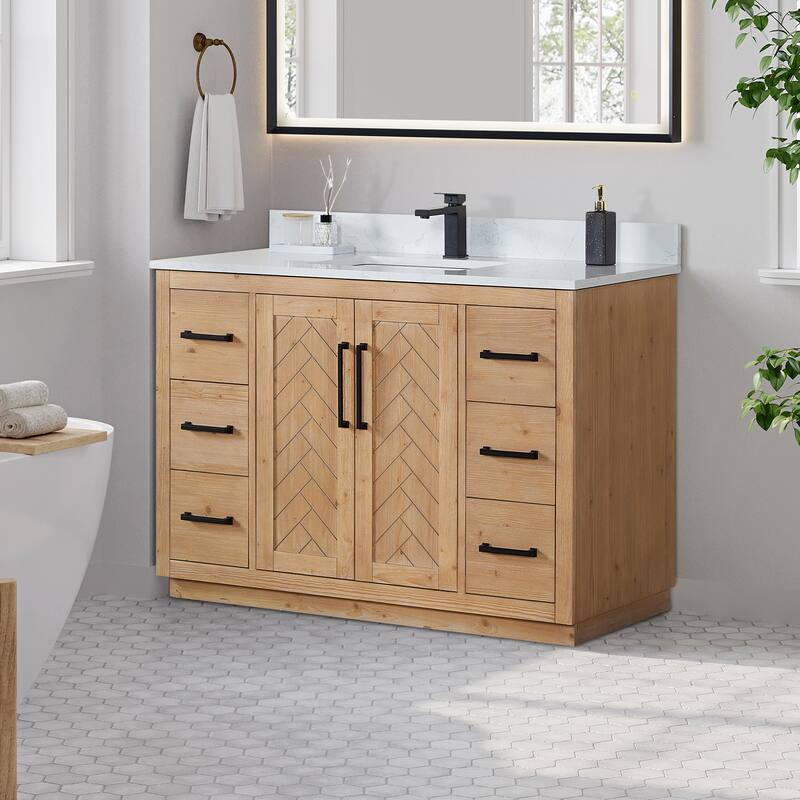 Anais 3Single Bathroom Vanity in Light Brown with Grain White Engineered Stone Countertop without Mirror