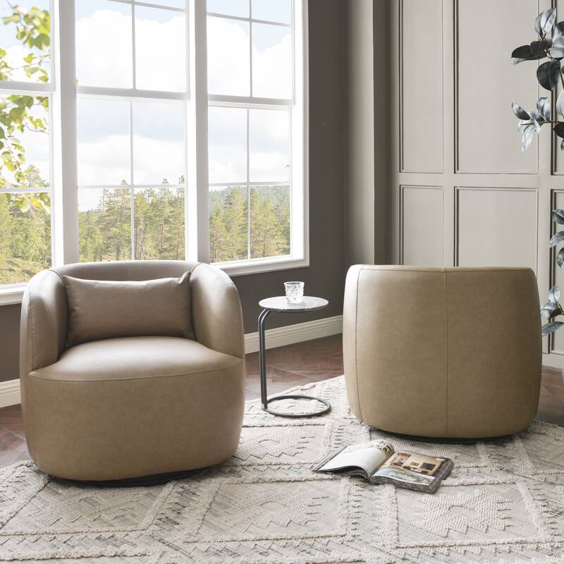 KINWELL 34" Wide Swivel Faux Leather Barrel Armchair Upholstered PU Leather Accent Chairs for Living Room Office Lounge