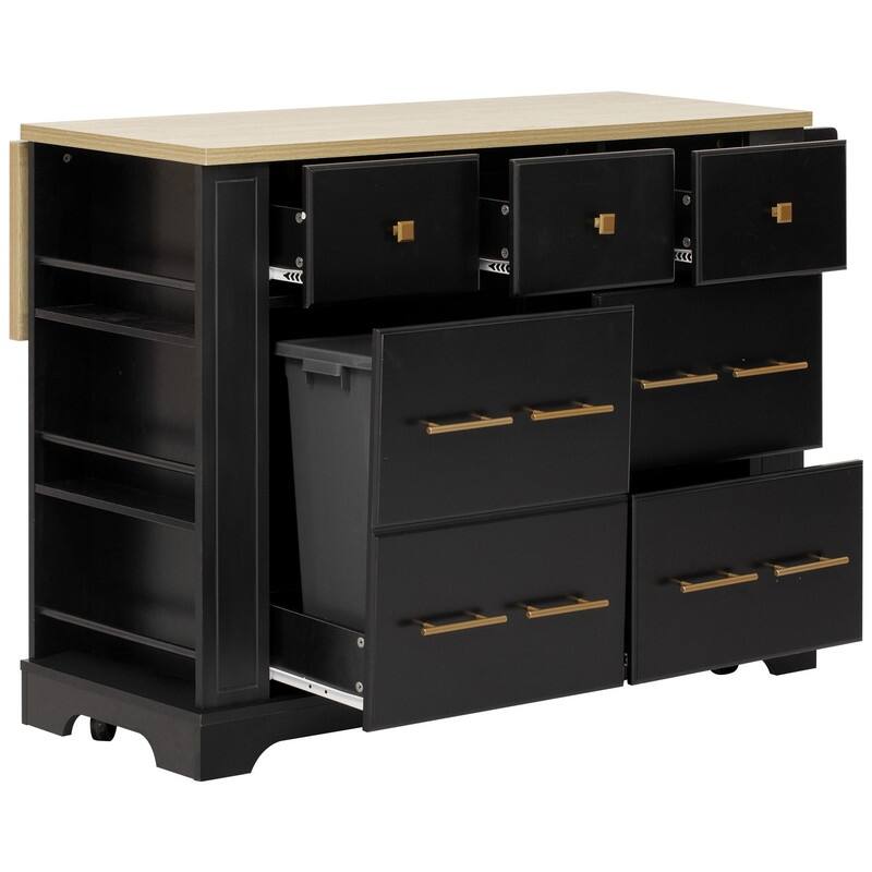 51.2" Rolling Kitchen Island with Drop Leaf, Kitchen Island with 6 Drawers, Pull Out Trash Can Storage and Power Outlet