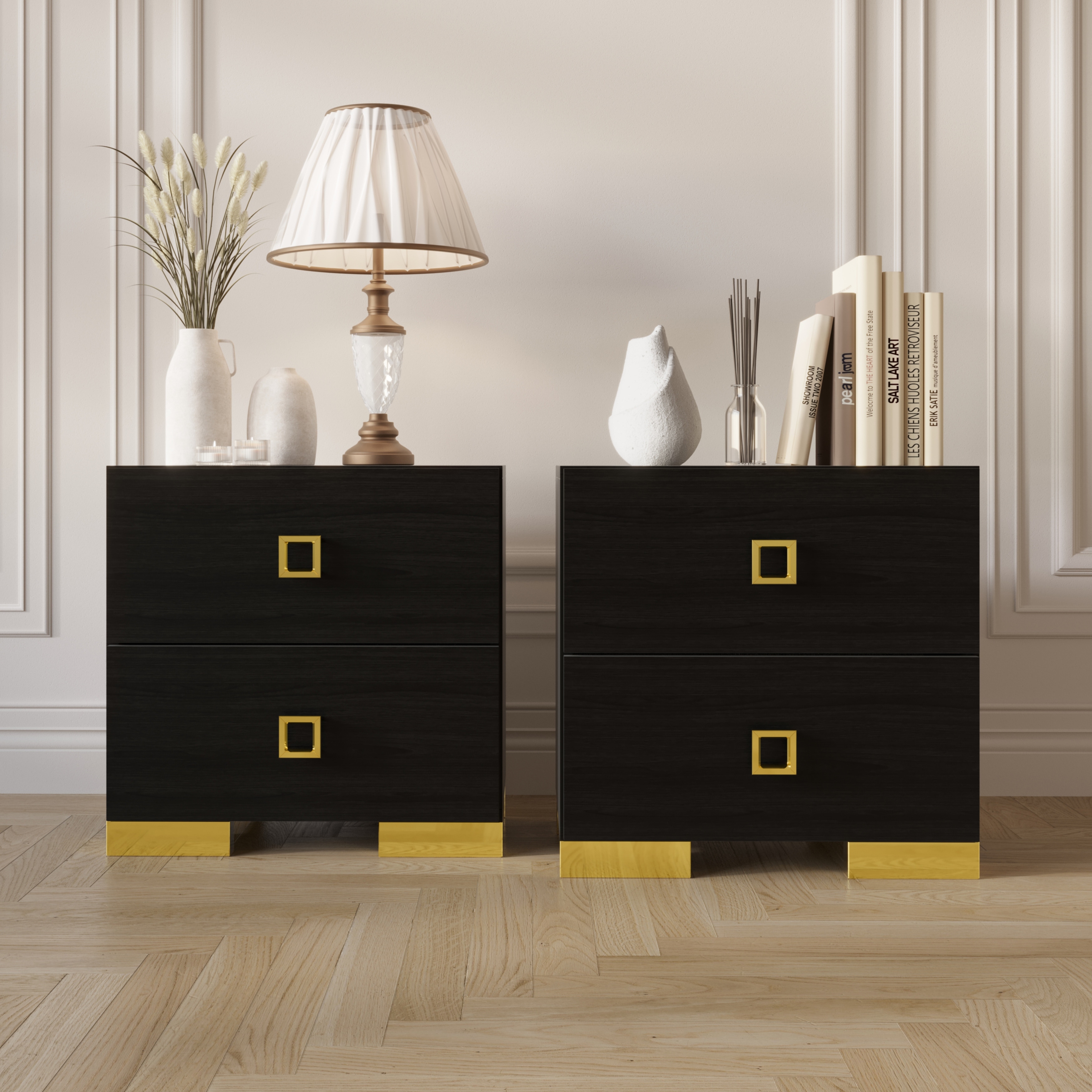CraftPorch Modern Gold Legs Storage 2-Drawer Nightstand (Set of 2)