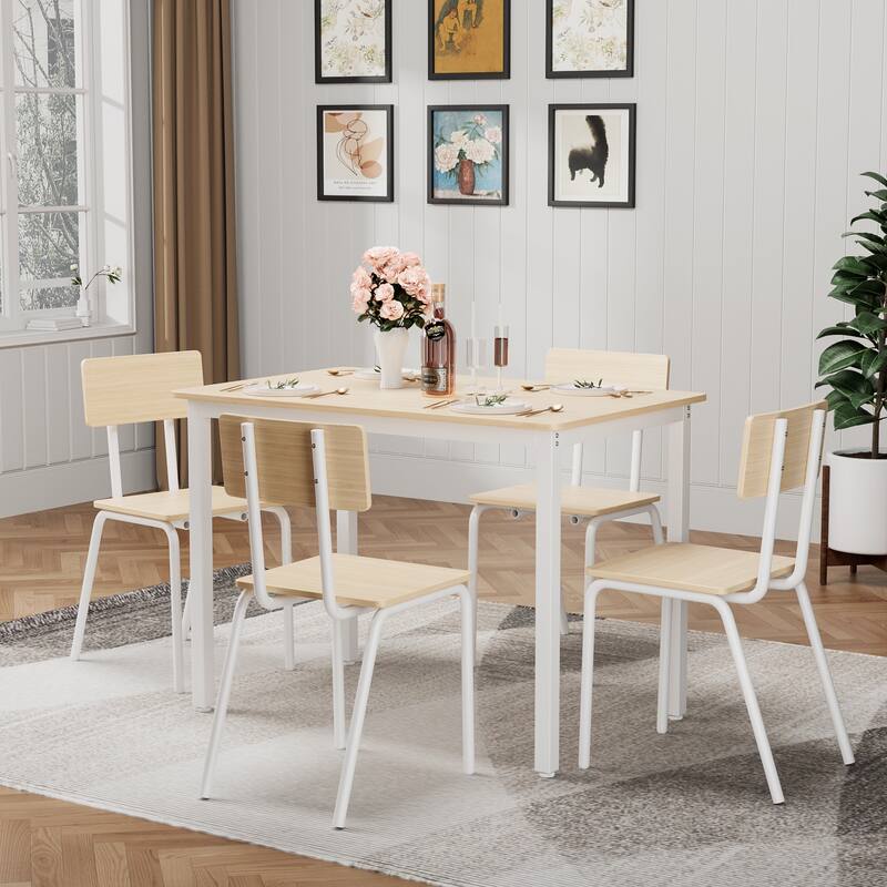 Kitchen Dining Table Set Metal Frame Breakfast Table with 4 Dining Chairs Modern Casual Dining Table Set 5-Piece Dining Set