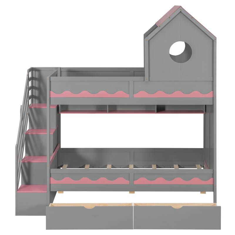 Twin Over Twin Bunk Bed with Stairs, LED Lights, Storage Drawers, House Shaped Wood Loft Bed with Guardrail