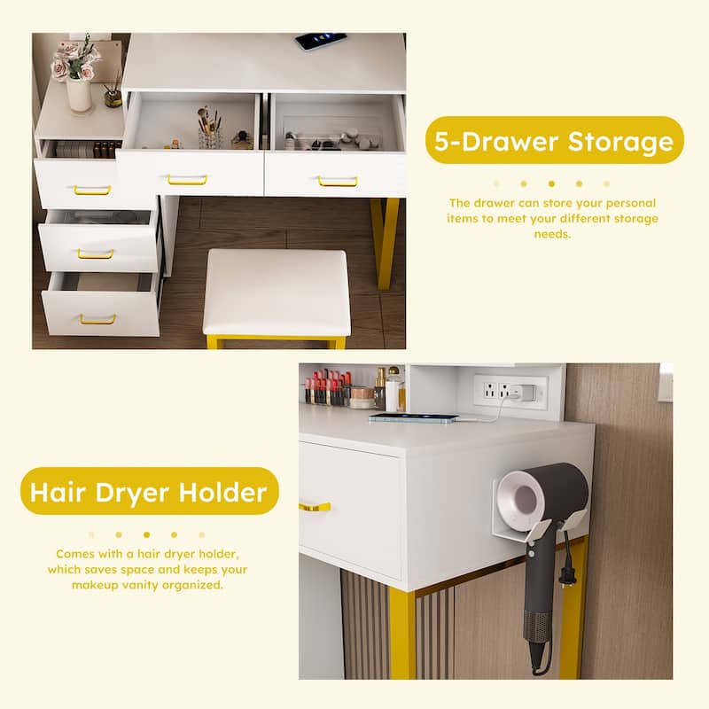 Modern Vanity Desk with Mirror and Lights,Dressing Table with Power Outlet & 5 Storage Drawers,with Metal Chair