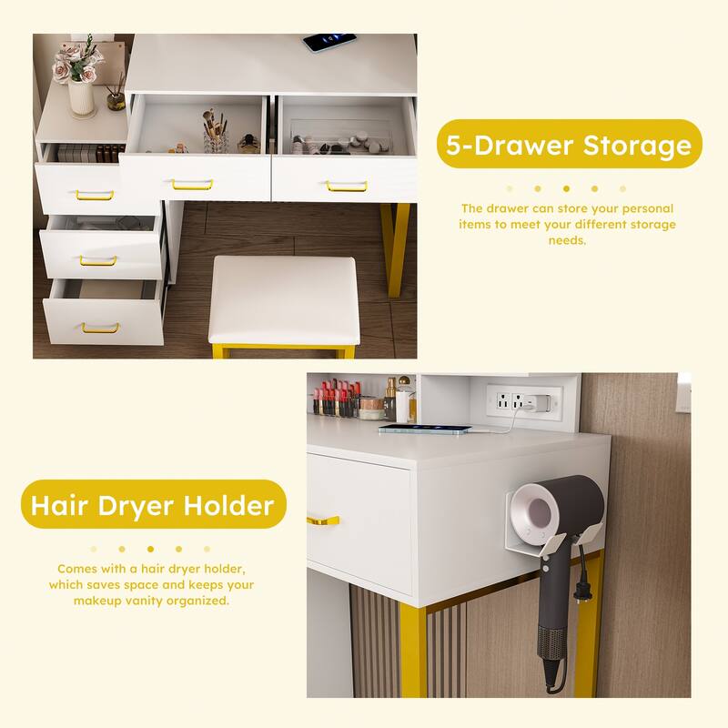 Vanity Desk with LED Light Mirror, Multifunctional Makeup Vanity Table, Dressing Table Set with 5 Drawers, Power Outlet & Stool