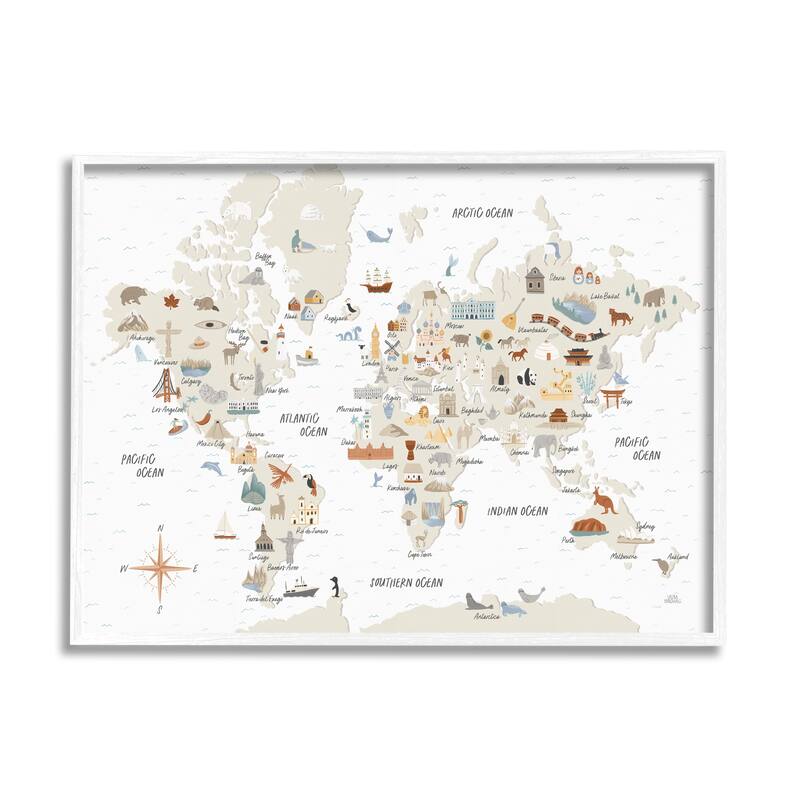 Stupell World Map of Destination Illustrations Soft Brown Tones Framed Wall Art - 20 x 16 - White