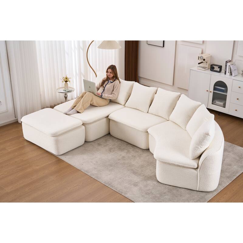 U-Shaped Modular Sectional Sofa with Ottoman, Woodgrain Chenille Deep Seat Boneless Couch, Compression Sofa with Pillows