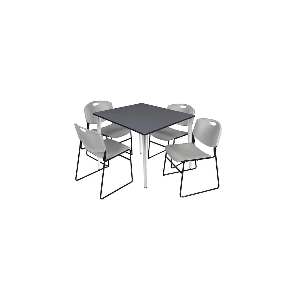 48 in. Square Breakroom Table- Grey Top, Chrome Base & 4 Stack Chairs- Grey
