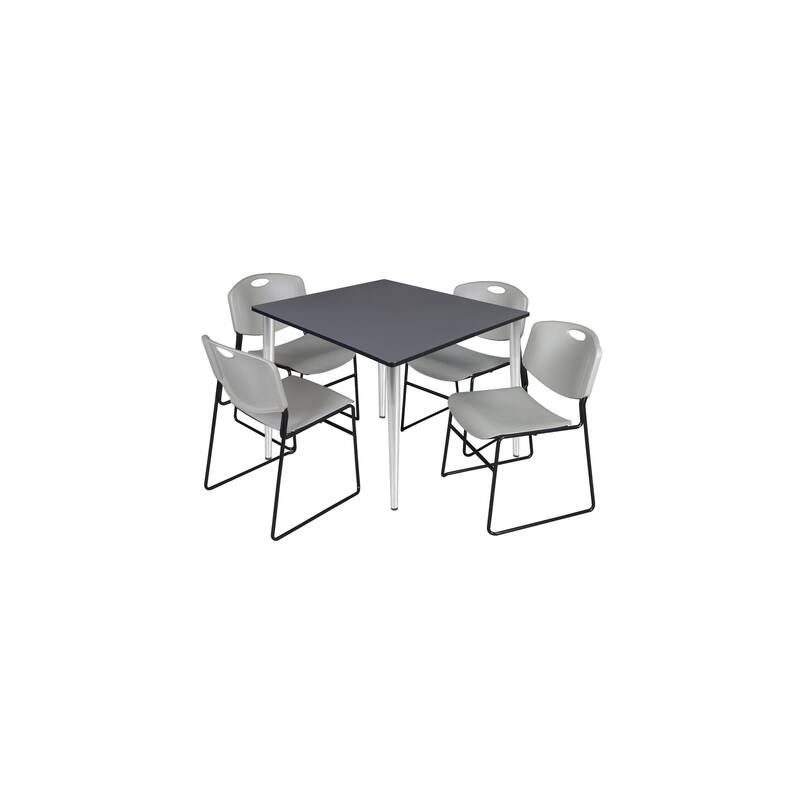48 in. Square Breakroom Table- Grey Top, Chrome Base & 4 Stack Chairs- Grey