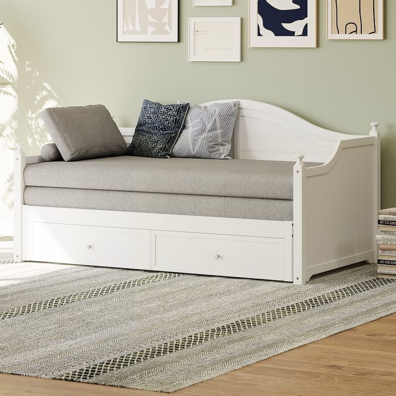 Wood Daybed with Extended Pop Up Trundle and Storage Drawers
