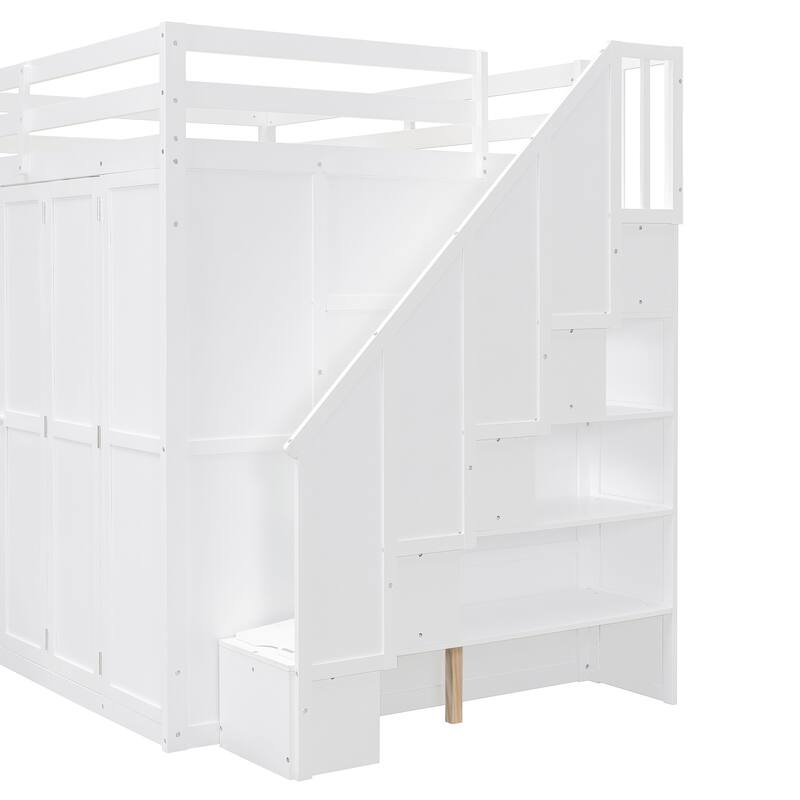 White Full Size Loft Bed with Wardrobe, Desk and Shelves - Space Saving Modern Furniture