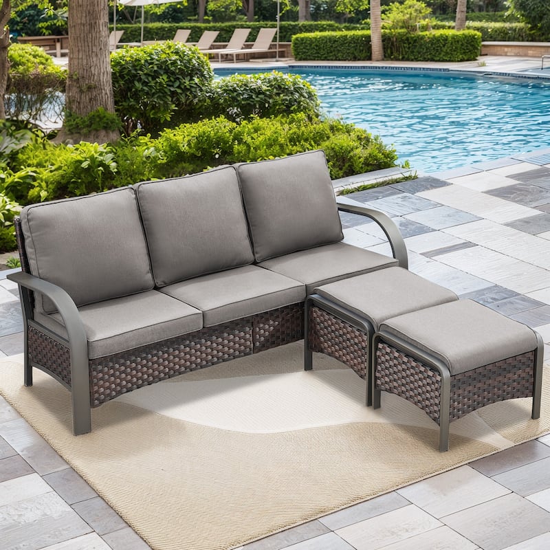 Pocassy Outdoor Patio Furniture Set - Brown Rattan - Grey Cushion - 3PCS Sofa with Ottoman