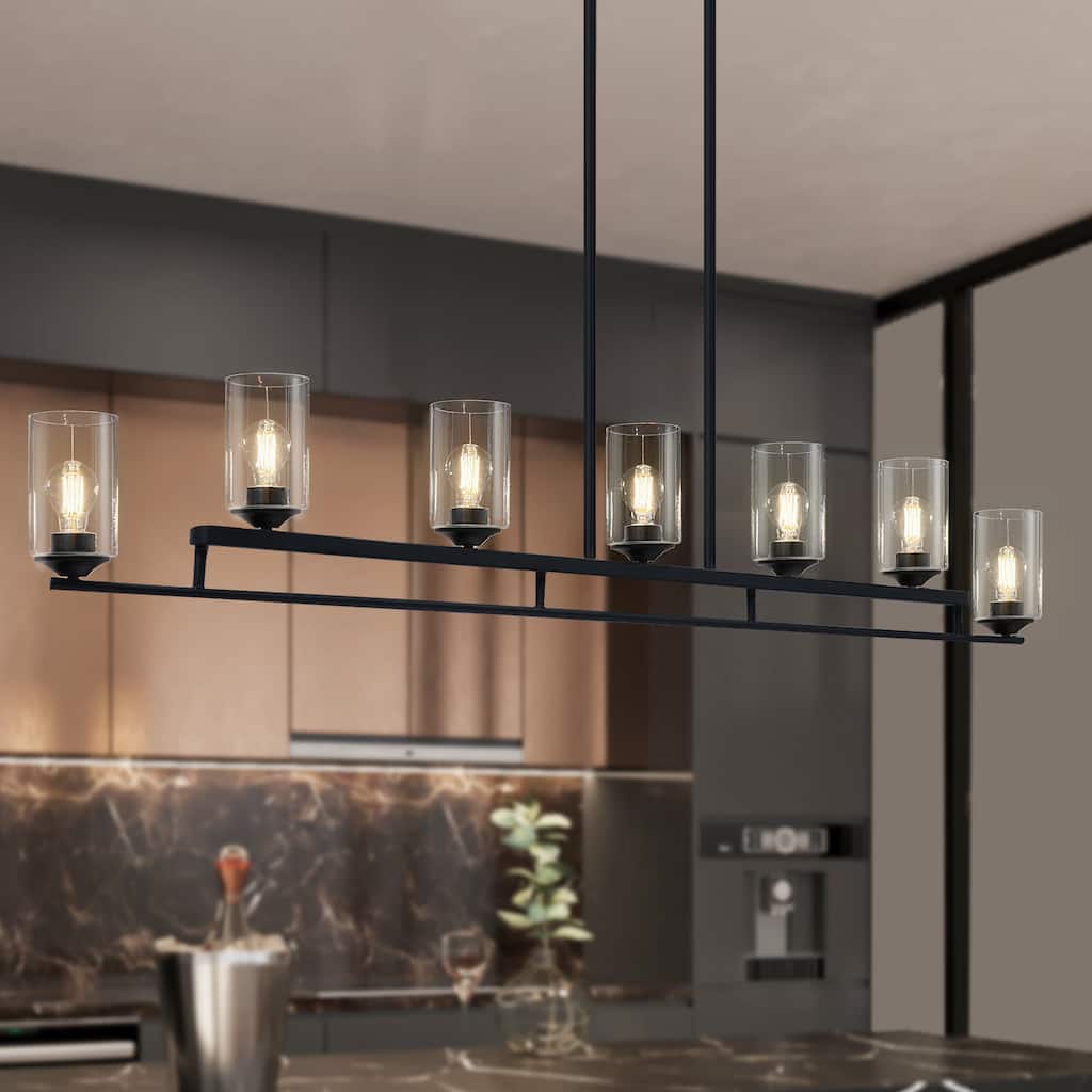 Modern Farmhouse 7-Light Chandelier 53 IN Black Island Light for Kitchen Island - 53.1" W x 3.9" D x 10.4" H