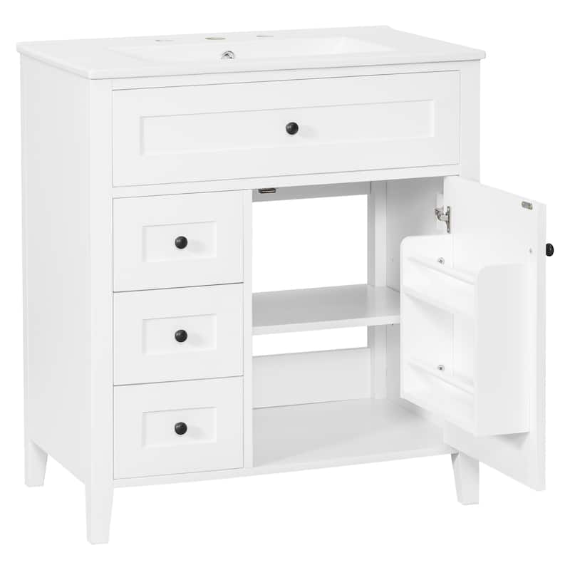 30-Inch Bathroom Vanity with Sink, Modern MDF and Rubberwood Cabinet with 3 Drawers and Adjustable Shelf, Freestanding