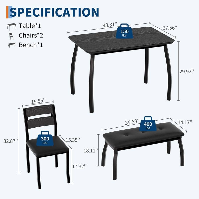 4-Piece Dining Table, With 2 Chairs and PU Upholstered Bench