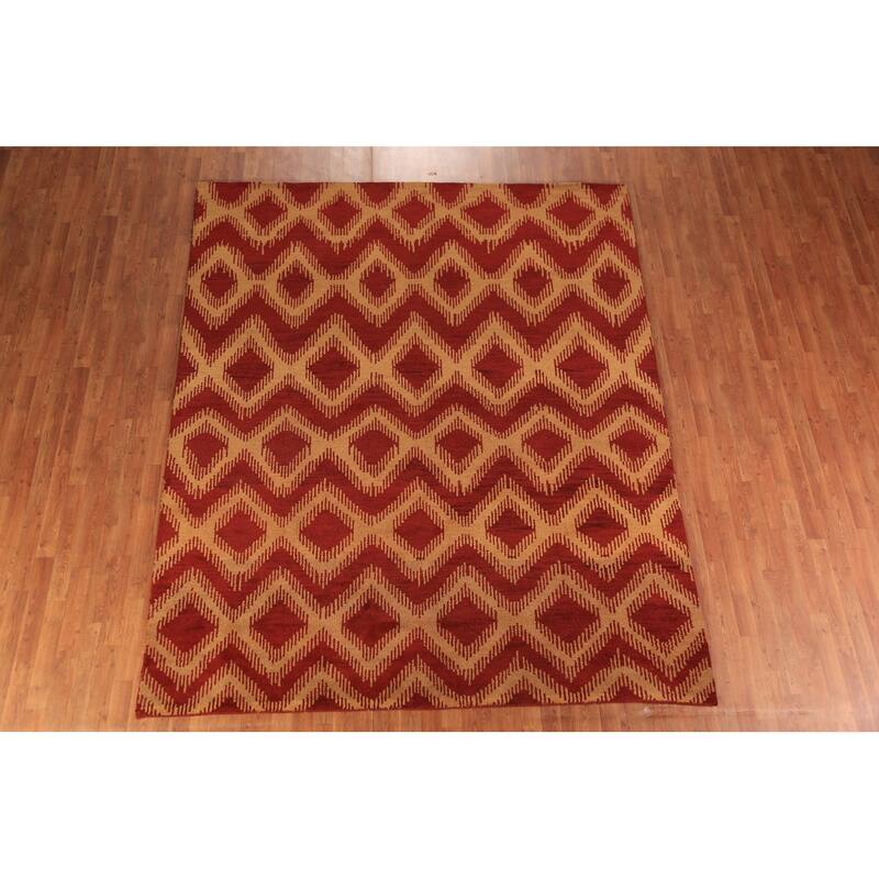 Hand Knotted Oriental 100% Wool Carpet Modern Geometric Red Moroccan Area Rug - 9' 7'' X 7' 11''