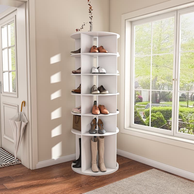 Rotating Shoe Rack Tower, 6-Tier Spinning Shoe Rack, Free Standing 360° Revolving Shoe Organizer, High Bottom Design - White