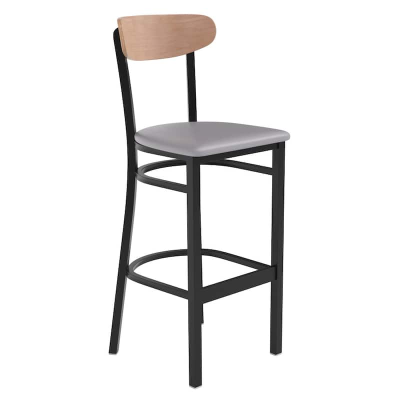 Commercial Metal Barstool with Wood Seat and Boomerang Back