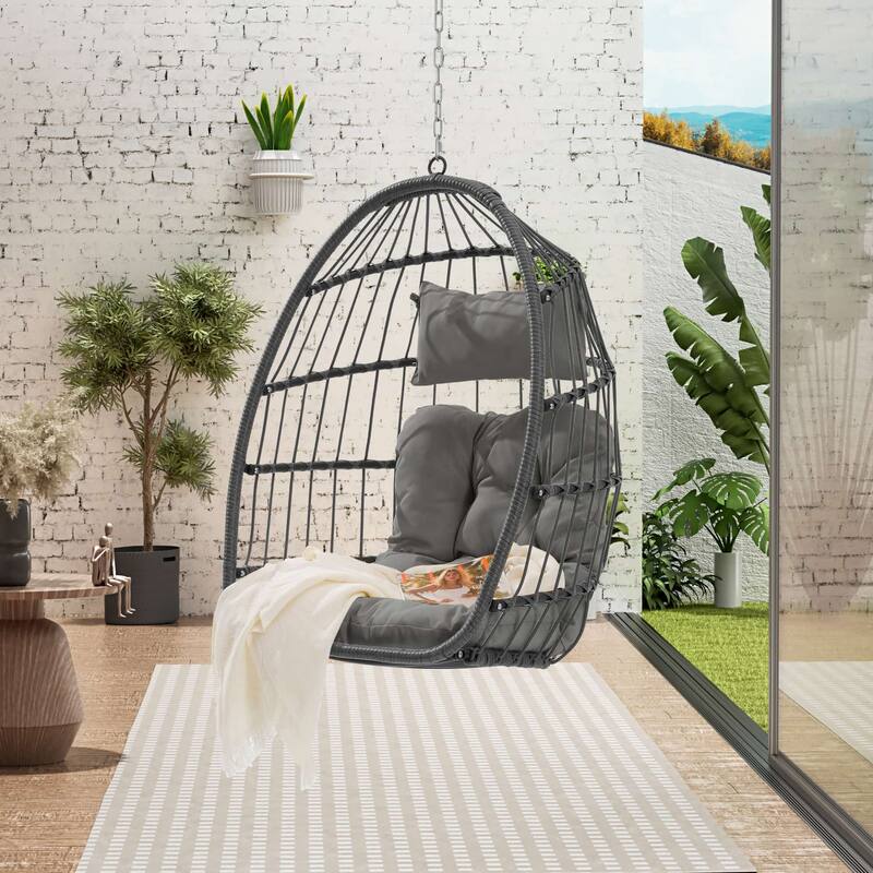 Outdoor Grey Wicker Foldable Swing Hammock Hanging Egg Basket Chair