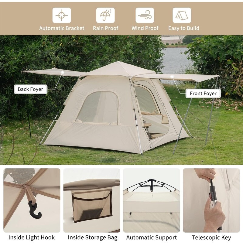 3 Person Instant Cabin Tent Easy Setup Pop up Tents for Camping 3 4 People Family Camp Tent N A White