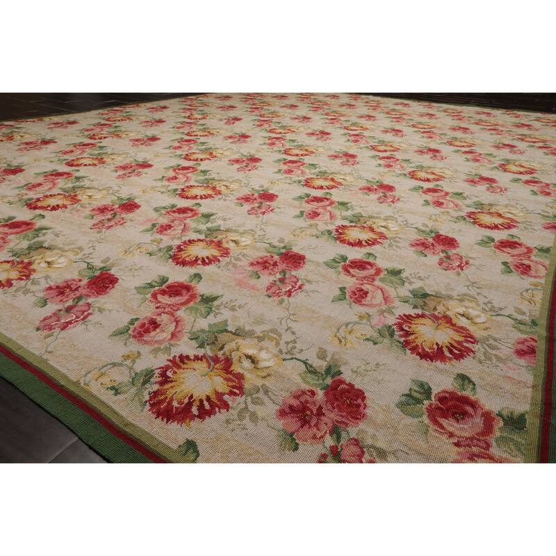 8'10''x11'11'' Hand Woven Wool Modern Floral Botanical Ivory French Aubusson Needlepoint Rug - 8' 10'' x 11' 11''