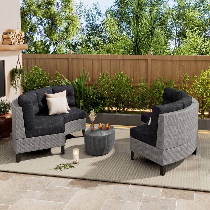 4 Piece PE Rattan Outdoor Conversation Sofa Set, All Weather Patio Modular Half Moon Sectional Sofa with Removable Cushion