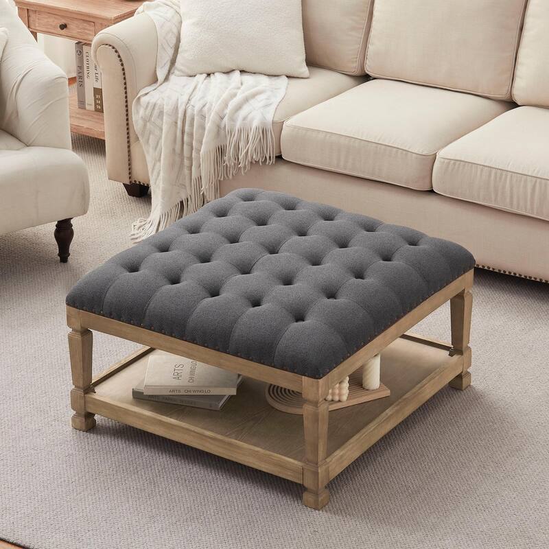Button-Tufted Upholstered Coffee Table Ottoman with Wooden Shelf – Square Fabric Ottoman