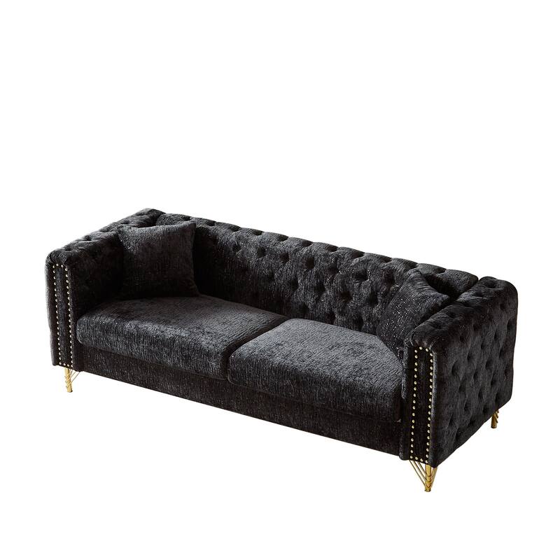 82-Inch Button-Tufted Chenille Sofa with Copper Nail Trim and Metal Legs, Chesterfield Design for Living Room or Office