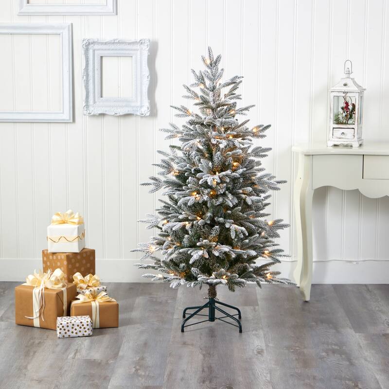 4.5’ Pre-Lit Flocked Manchester Artificial Christmas Tree, Warm Clear LED Lights - 4.5 Foot