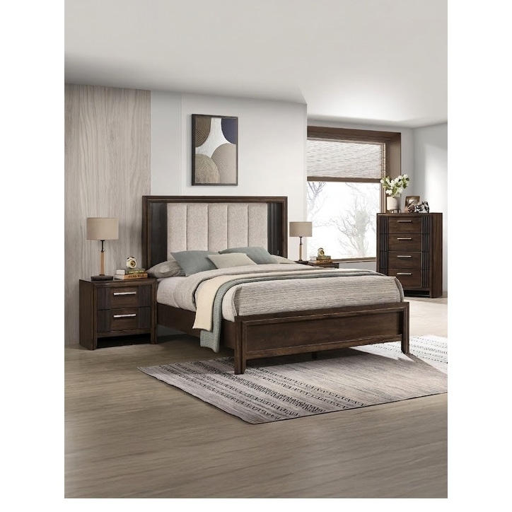 Brown Linear Upholstered Bed Chest 2x Nightstand Set 4pc Bedroom Wooden Furniture