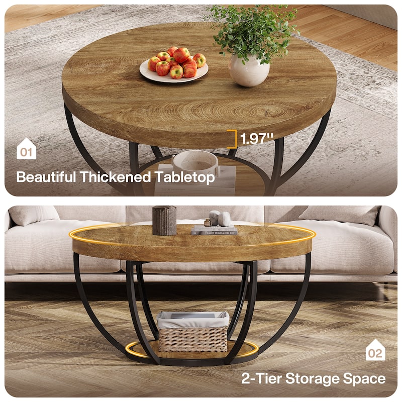 31.7" Round Coffee Table, Modern 2-Tier Center Table Sofa Side Table