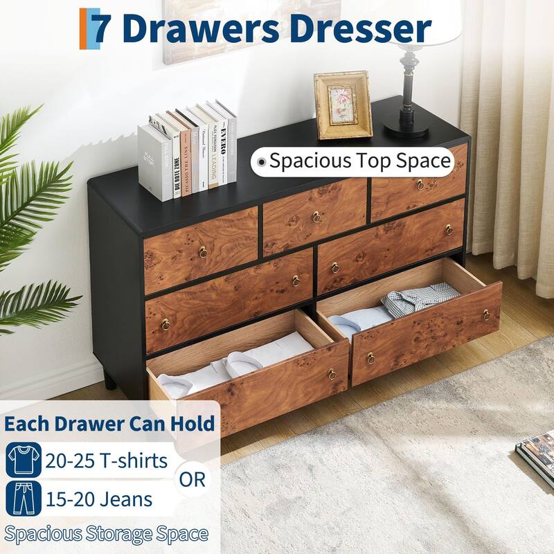 Modern Chest of Drawers with Natural Texture, Curved Profile Design, Dresser TV Stand, Wood Drawer Organizer for Bedroom