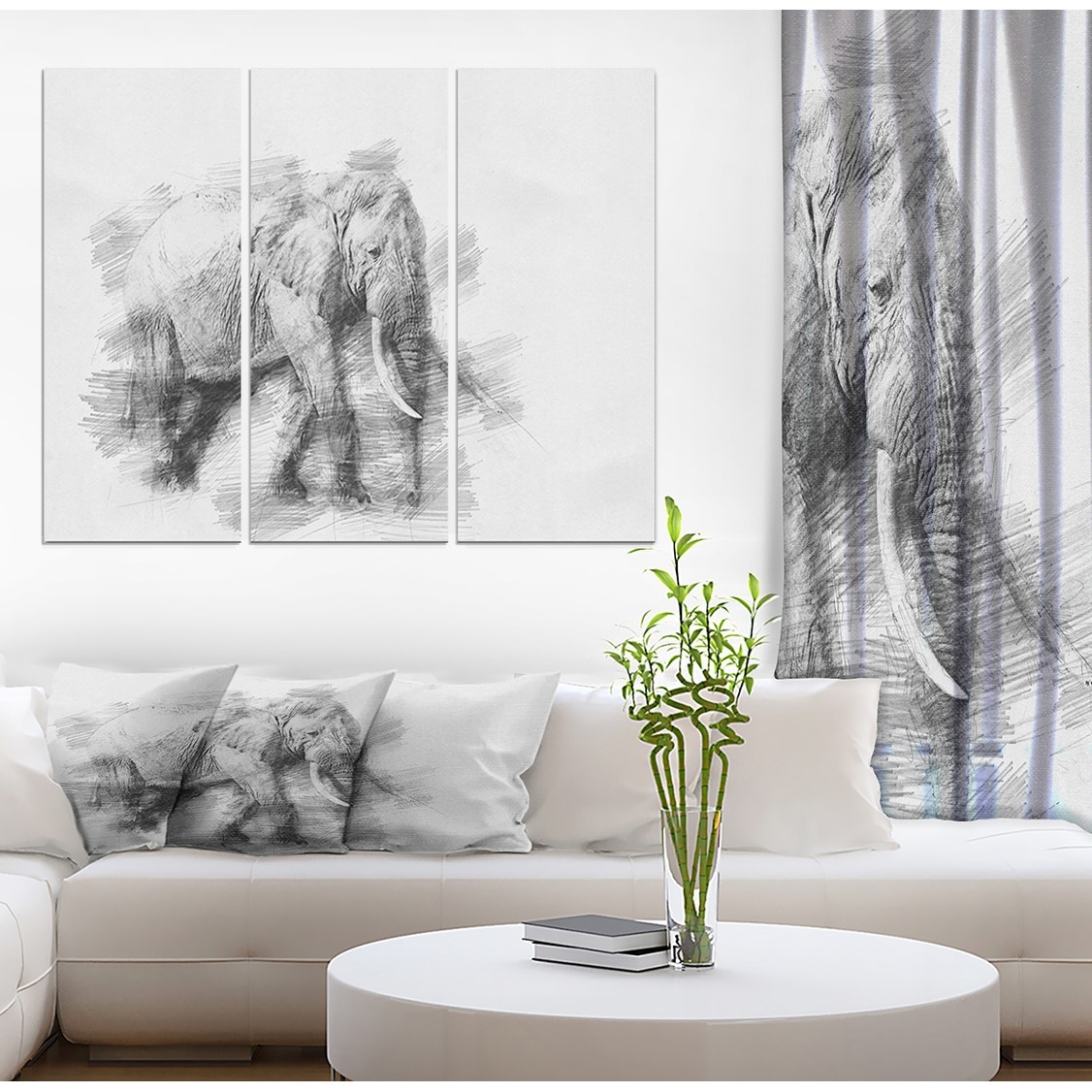 Designart 'Elephant in Black And White Pencil Sketch' Sketch Animals Print on Wrapped Canvas set - 36x28 - 3 Panels
