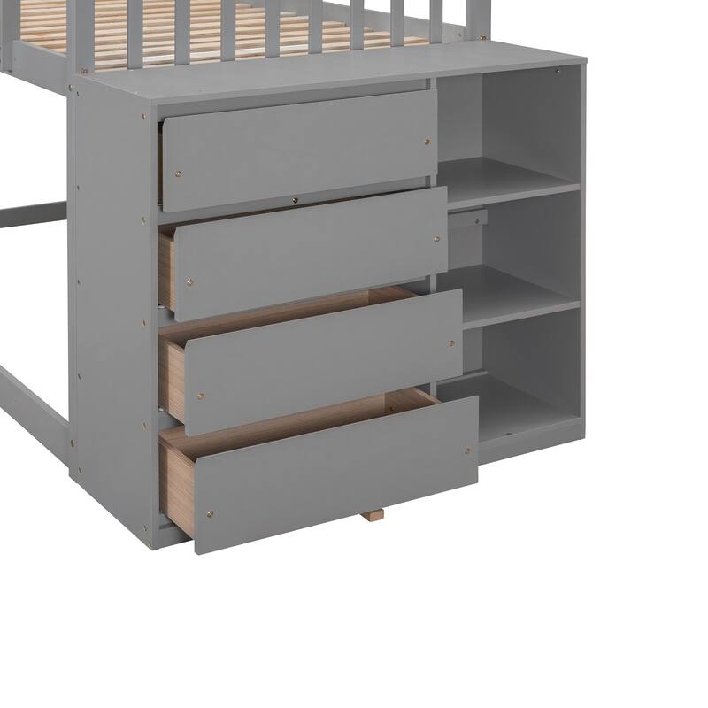 Floor Bunk Bed with Movable Storage Cabinet, Solid Wood Bunkbeds Frame