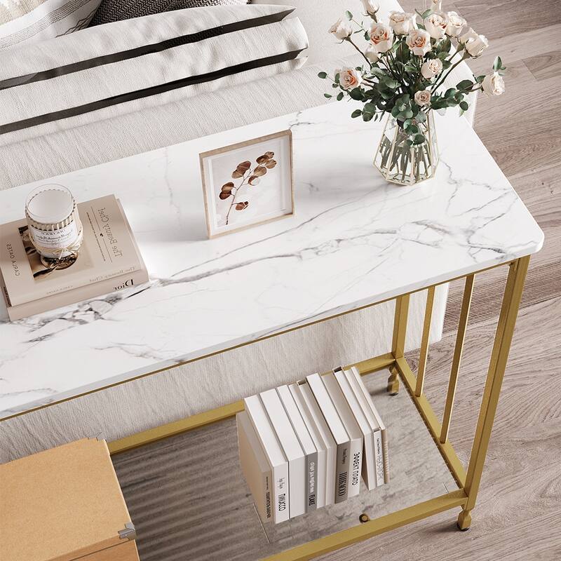 Modern Style Console Table with Glass Shelf and Metal Frame