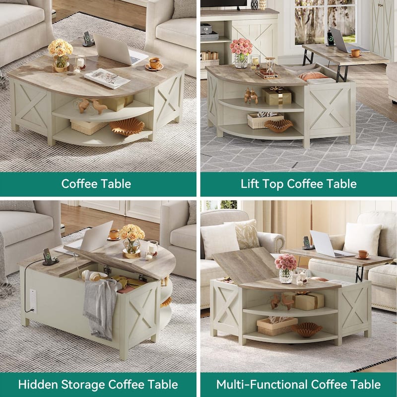 Moasis Lift Top Coffee Table with Storage Shelves, Quarter Circle Center Table for Living Room