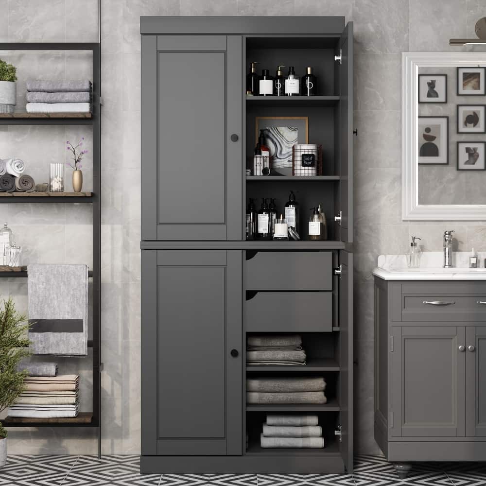 Solid Wood Tall Freestanding Bathroom Linen Cabinet with Doors & 2 Drawers, Adjustable Shelves, Modular Storage, 32" W x 71.5" H