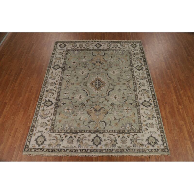 Green Ivory Oushak Indian Area Rug Hand-Knotted Wool Carpet - 8'1" x 10'1"