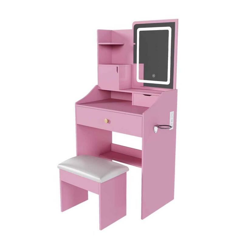 3-Color LED Vanity Mirror with Stool, Pink Dressing Table for Bedroom, 2 Drawers & 5 Storage Cabinets (4 Open + 1 Hidden)